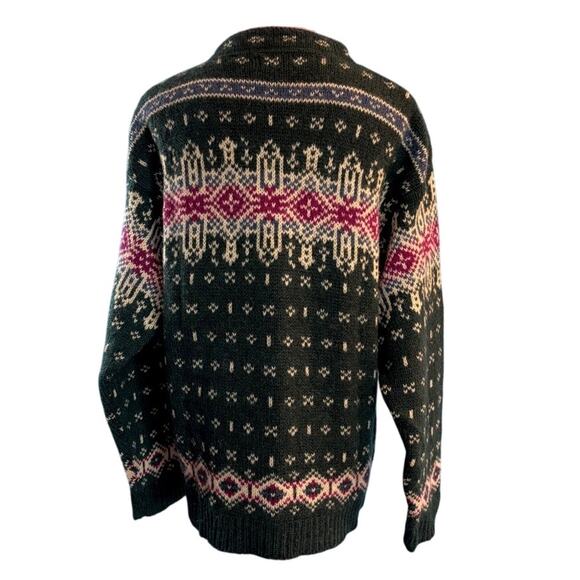 VTG USA Made LL Bean Wool Pullover Sweater Green Intarsia Nordic Design Button M - Picture 2 of 8